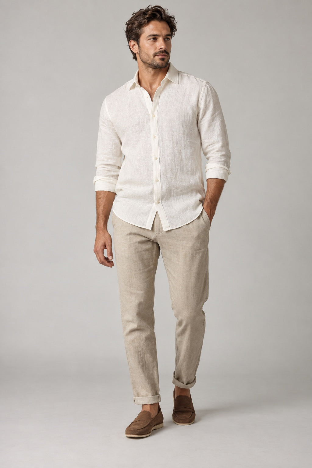 Relaxed white shirt and neutral trousers
