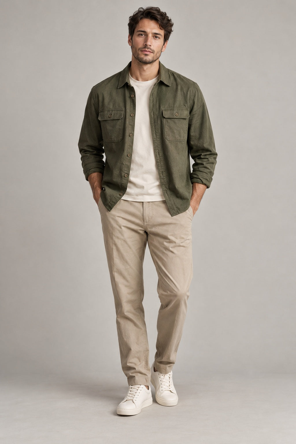 Olive overshirt with neutral everyday layers