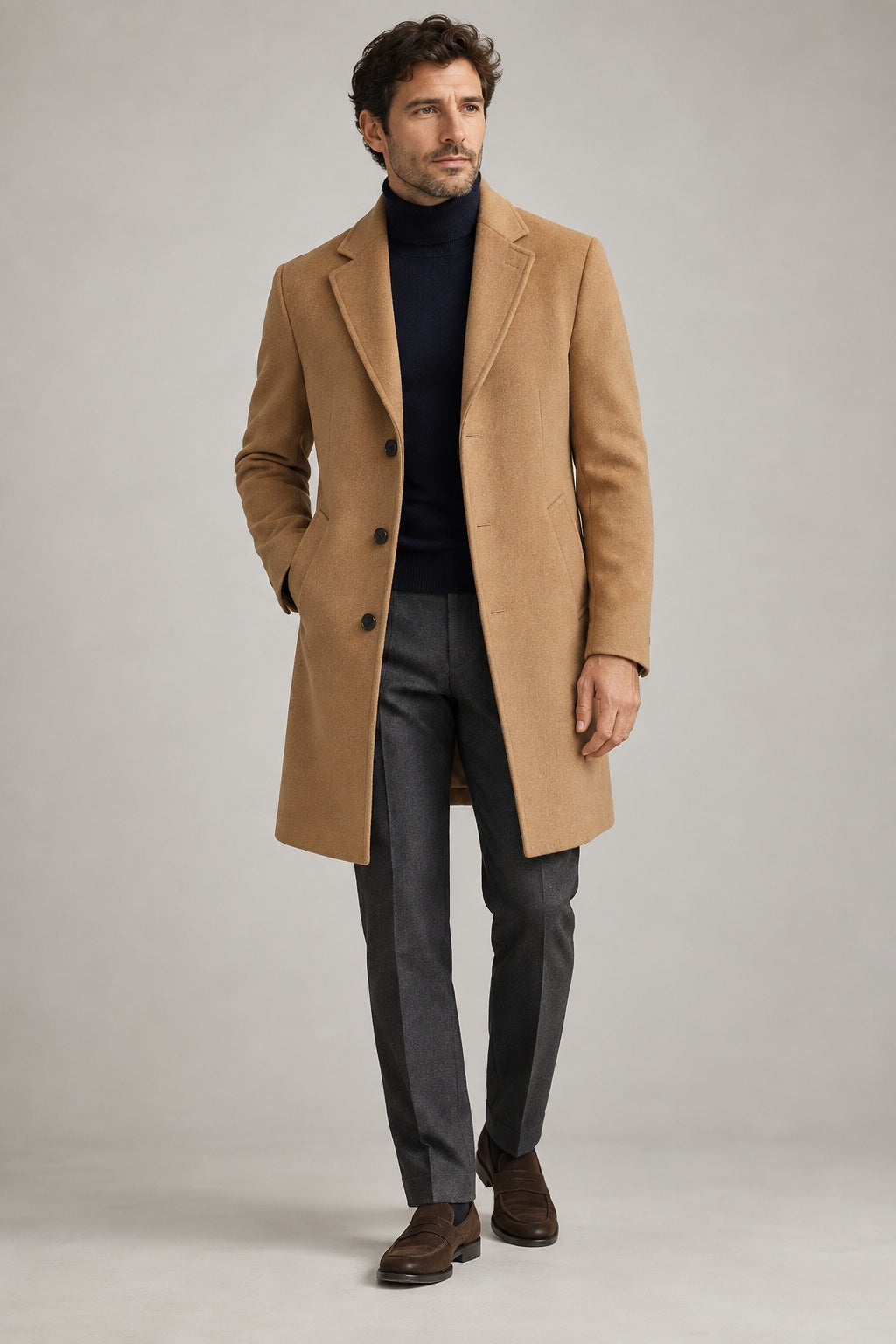 Camel overcoat styled with dark trousers